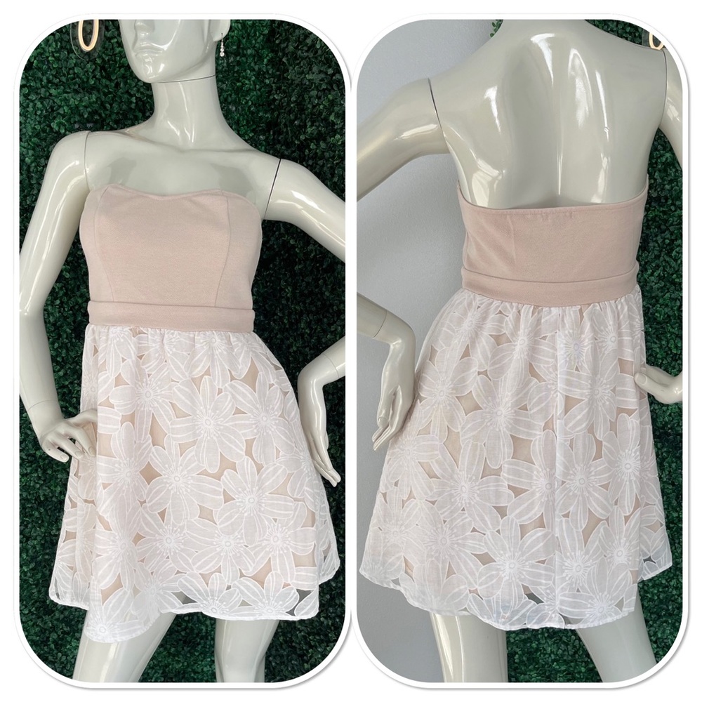 Rhapsody Strapless Dress Ivory Flowers on Skirt over a Tan lining Size Small